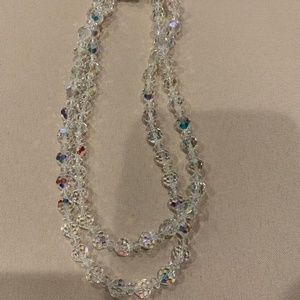 Vintage Aurora Borealis Faceted Crystal Double- Stranded Necklace W/ AB Rd Clasp